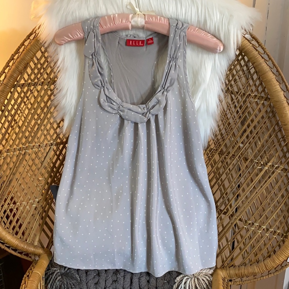 Gray polka dot tank.